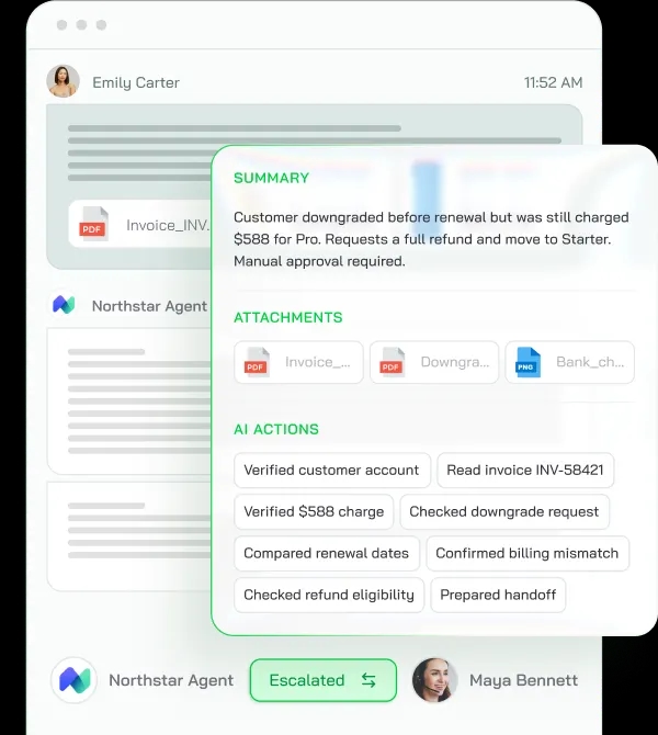 Billing conversation escalated from the AI agent to a human agent with a summary, attachments and key findings