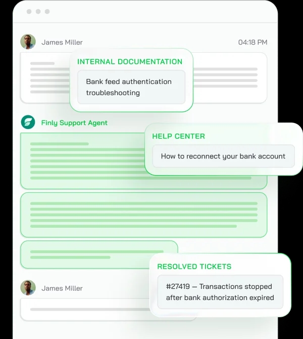 AI agent reply drawing on resolved tickets, the help center, internal documentation and connected systems