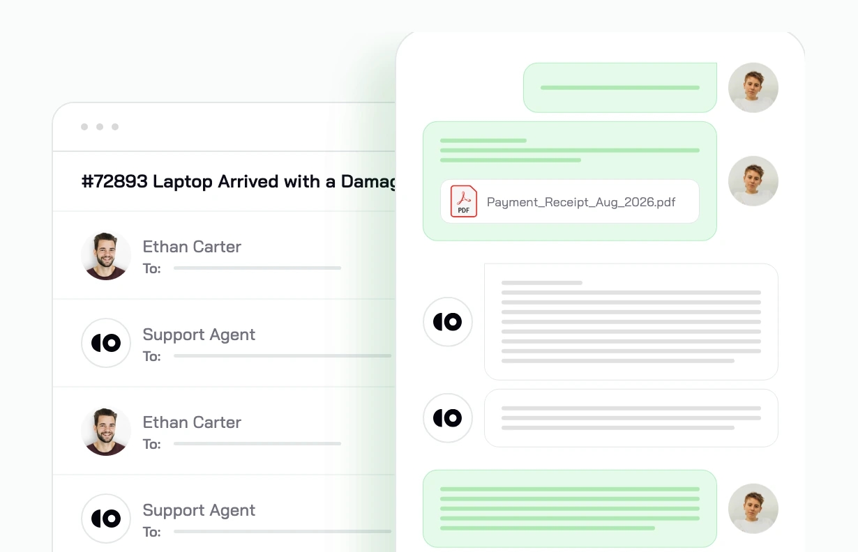 Support ticket thread where a customer writes about a laptop with a damaged screen and the AI agent replies
