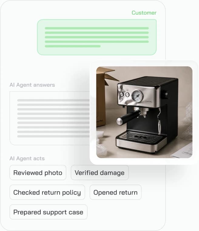 Example CoSupport AI Agent chat: a shopper's damaged-item photo is reviewed, the return policy is checked, and a return is opened