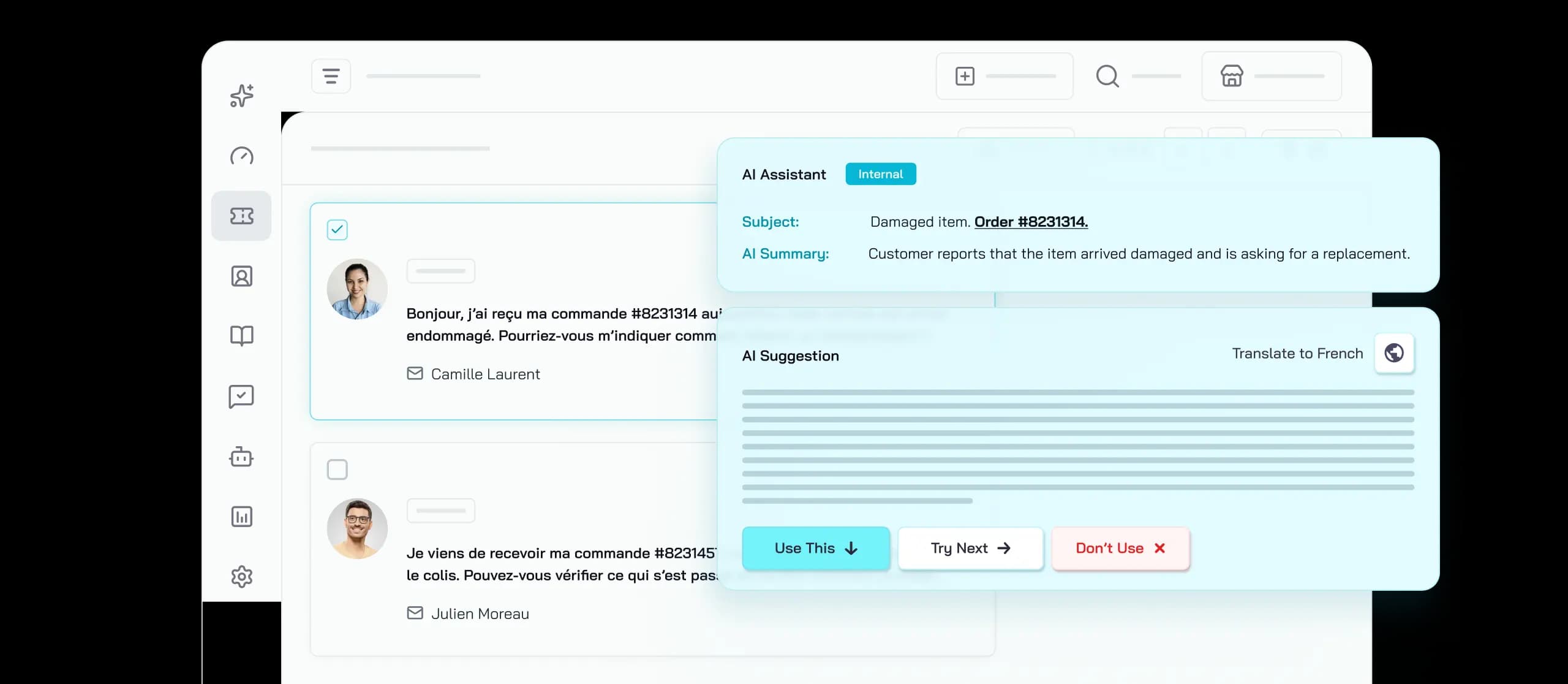 CoSupport AI Assistant showing an AI-drafted subject line and summary, plus a suggested reply with Use, Try Next, and Don't Use actions, beside a live support ticket queue