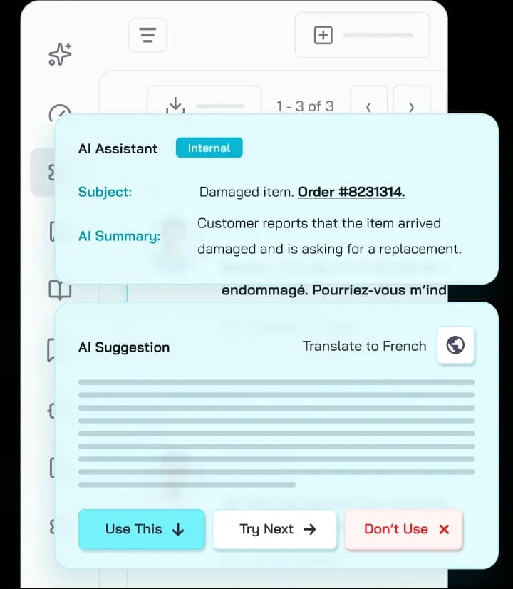 CoSupport AI Assistant showing an AI-drafted subject line and summary, plus a suggested reply with Use, Try Next, and Don't Use actions, beside a live support ticket queue