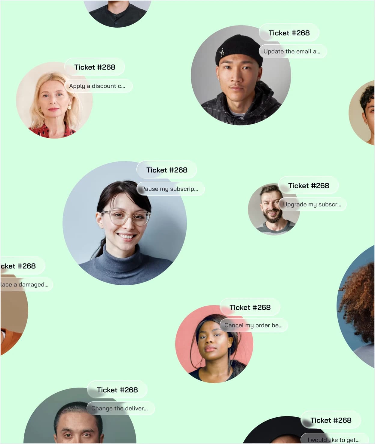 Customer avatars with resolved Zendesk tickets floating above them