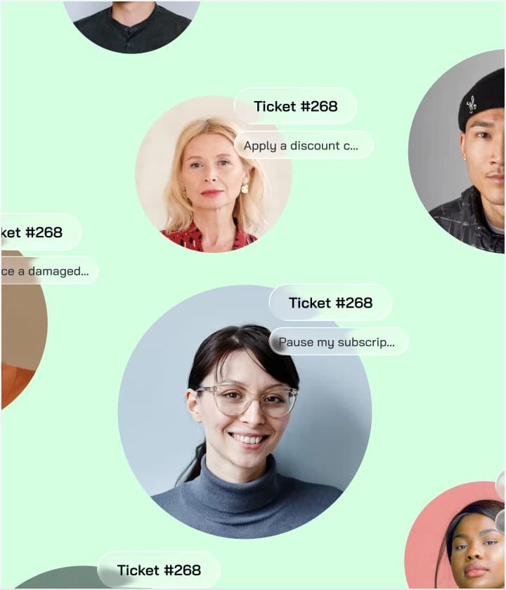 Customer avatars with resolved Zendesk tickets floating above them