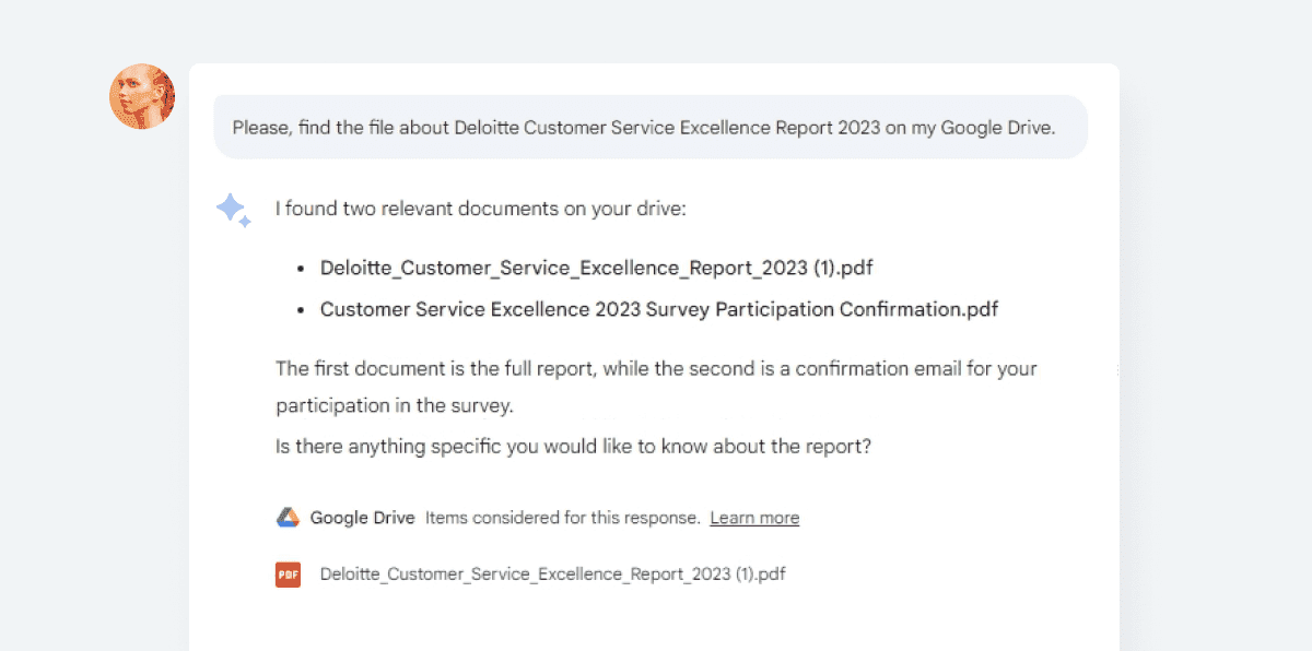 The screenshot of the promt for Bard on searching for a document on Google Drive