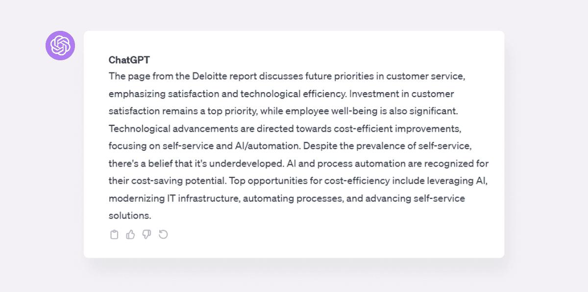 The screenshot of ChatGPT’s answer to the promt asking to summarize the report page with infographics