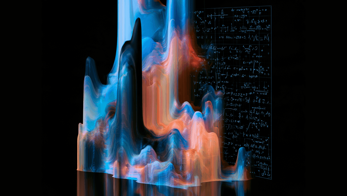 Abstract waves of light next to a board of formulas, standing for measured quality