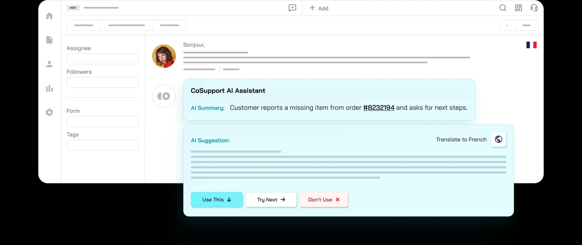 CoSupport AI Assistant drafting an AI-suggested reply inside a helpdesk ticket, with summary, translation, and Use This / Try Next / Don't Use actions