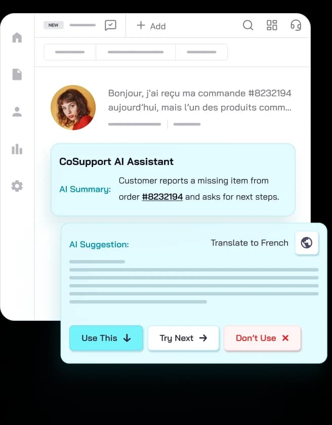 CoSupport AI Assistant drafting an AI-suggested reply inside a helpdesk ticket, with summary, translation, and Use This / Try Next / Don't Use actions