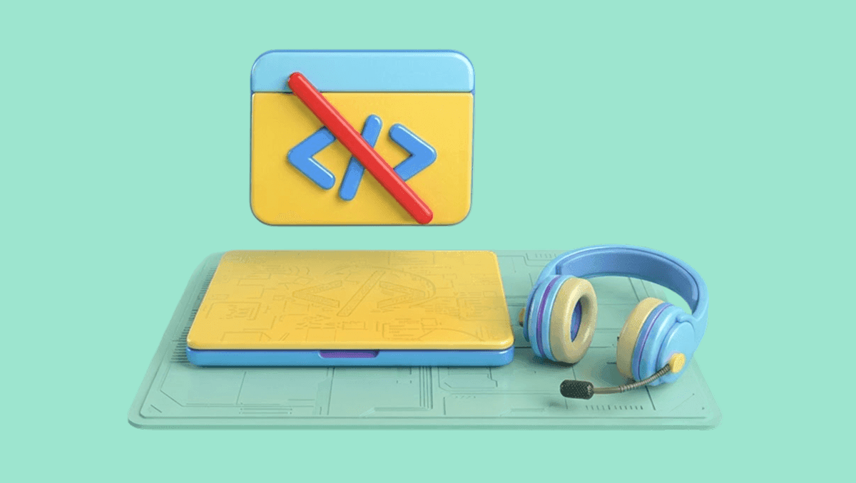 3D illustration of a laptop, a support headset and a crossed-out code icon