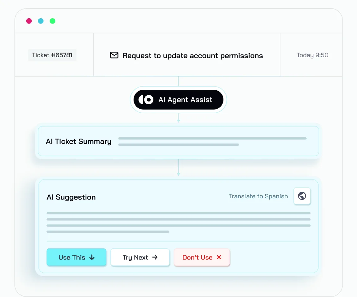 AI Agent Assist drafting a reply with translate and suggestion controls
