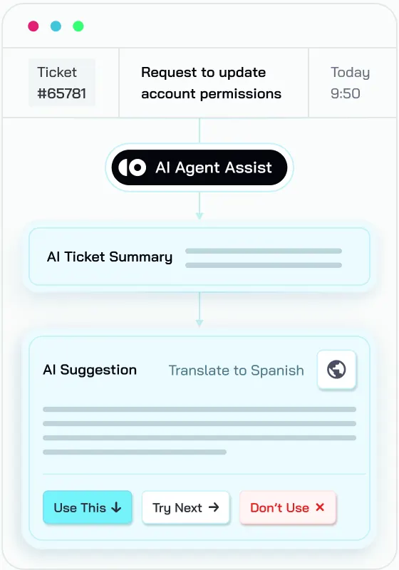 AI Agent Assist drafting a reply with translate and suggestion controls