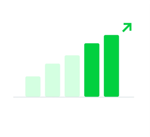 A rising bar chart with an upward trend arrow