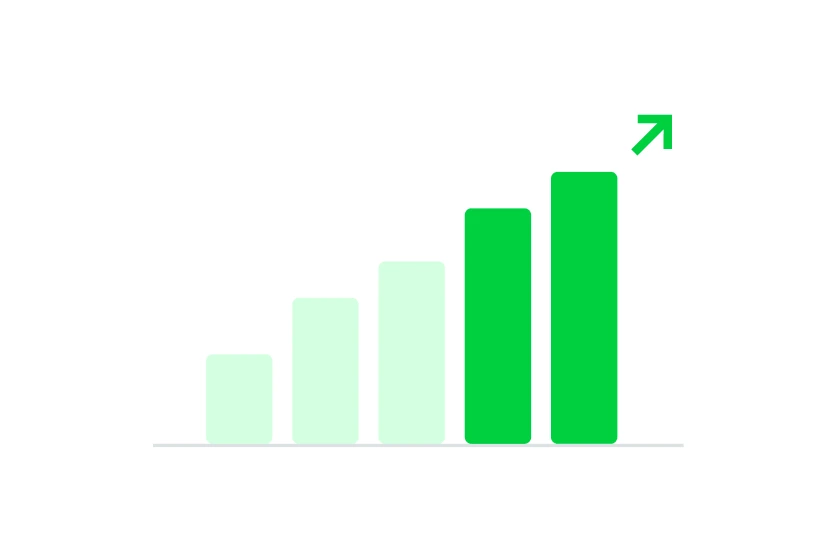 A rising bar chart with an upward trend arrow